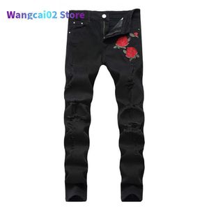 Herren Jeans Rose Stickerei Jeans Hochwertige Mode Blau Schwarz Zerrissene Männliche Flut Dünne Hosen 020623H