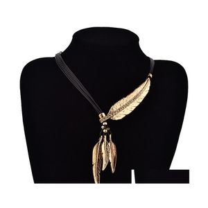 Naszyjniki wiszące przybysze modne łańcuch liny wzór piórki styl bohemian czarny oświadczenie naszyjnik biżuteria dla kobiet kropla swetra OTL7S