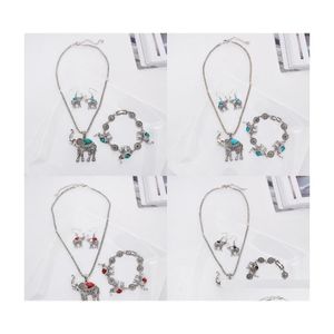 Bracelet Earrings Necklace Elephant Bracelet Three Piece Set European And American Exaggerated Jewelry Sets Drop Delivery Dh74J