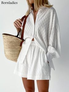 Calças de duas peças femininas nascidas no verão branco elegante jacquard tecido de férias macias terras de mangas compridas e 230204