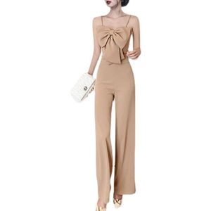 Zweiteilige Damenhose, elegantes zweiteiliges Set, Khaki, schmale Schleife, Leibchen, Spaghettiträger, Reißverschluss, dünn, volles, weites Bein, Party, T3055, Damen-W