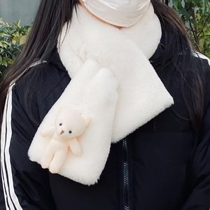 Scarves 2023 Winter Bear Scarf Thickened Warm Cute Cartoon Girl Versatile Cross White Plush Hair Imitation Neckerchief