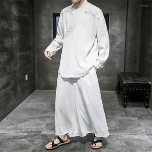 Ubranie etniczne 2023 Style chiński mężczyźni Kimono zestawy Kimono V Długie rękaw V Koszulka Tang Suit Casual Gree Etom Pants Solid Streetwear Retro Mens