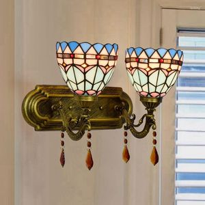Lampa ścienna nowoczesna śródziemnomorska niebieska sypialnia nocna wielobarwna szkła vintage el podwójna-