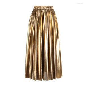 Skirts High Street Fashion Punk Metallic Pleated Long Skirt Shine Mid-calf A-line Golden Silver