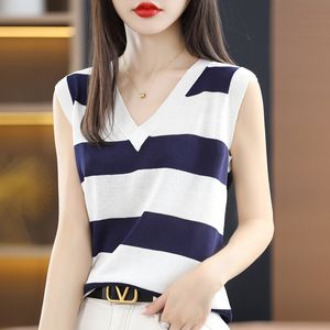 Women's Tanks Camis Summer V-neck Ice Silk Knitted Shirt Women's Striped Sleeveless Vest T-shirt Women's Leggings Suspender Inner Build Design Sense Loose Thin Section