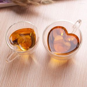 Vinglas med kreativt hjärtformat dubbel väggglas transparent värmebeständig handgrepp juice dricka kopp kaffe te drinkware