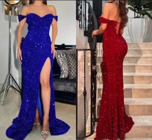 Sexig Bourgogne Royal Blue Red Prom -klänningar från axel sjöjungfrun Hög lår split blingbling sequined aftonklänningar BC15096