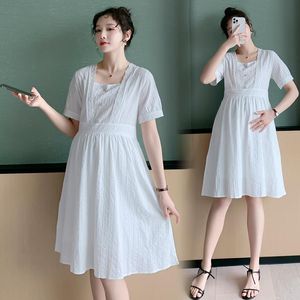 Maternity Dresses Summer Korean Fashion White Cotton Dress Elegant A Line Loose Clothes For Pregnant Women Sweet Pregnancy Party