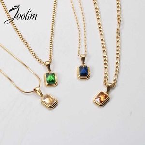 Pendant Necklaces Joolim Jewelry PVD Gold Finish Hip-hop Coloured Glass Pendant Couple Necklace Stylish Stainless Steel Necklace G230206