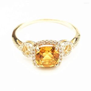 Klusterringar kudde 6x6mm citrinring solid 14k gult guld engagemang bröllop naturliga diamanter sätter kvinnor fina smycken