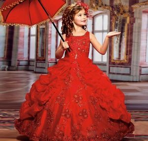 Sukienki dla dziewczynek słodkie czerwone marszczenia sukienki dla dzieci z suknią balową koronkowe aplikacje Księżniczka nosza kwiat przyjęcie weselne
