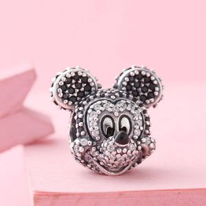925 Sterling Silver Black Pave Crystal Cartoon Mouse Bead Fits European Jewelry Pandora Style Charm Bracelets