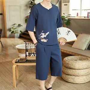 Men's Tracksuits Chinese Style Ethnic Clothing Linen Embroidery Short-sleeved T-shirt Shorts Set Fashion Casual Sportswear Two Pie