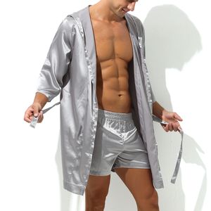 Mäns kläder mens huva badrock shorts set pajamas nattrock klänning klänning male silk satin nattklänning kimono badrock sömnkläder husrockmännen 230207