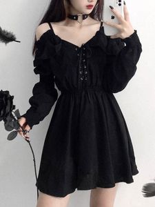 Sıradan Elbiseler JMPRS Büyük Boy Gotik Kadınlar Siyah Mini Seksi Omuz Yüksek Bel Tunik Bayanlar Parti Uzun Kol V Boyun Vestidos 230207