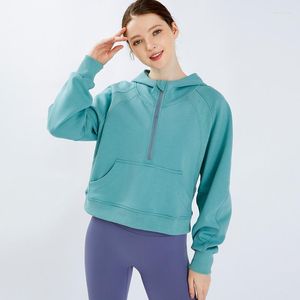 Gym Clothing Solid Color Fitness Women Half-zip Hooded Sweater Sports Top Loose Pure Cotton Casual Thick Coat Long Sleeve Yoga Shirt Leisure