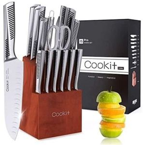 Kitchen Knives Set 15pcs Knife Sets with Block Chef Knife Stainless Steel Hollow Handle Cutlery with Manual Sharpener W104166646