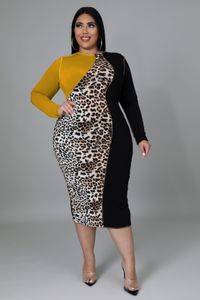 Sukienki plus size kobiety 5xl 5xl Patchwork Lopard Print Elegancka sukienka Autumn Lady Fashion Party Bodycon Bodycon luksusowe ubrania hurtowe 230207