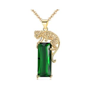 Pendant Necklaces Domineering Animal Leopard Big Rec Stone For Men Women Green Zircon Yellow Gold Link Chain Necklace Drop Delivery Dhngz