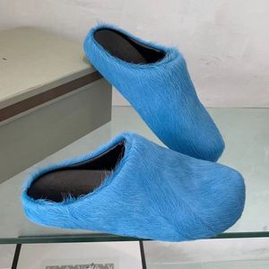 Chinelos de pele de cavalo feminino marca de luxo sapatos de grife redondo dedo do pé feminino slides crina de alta qualidade ao ar livre calçado de fábrica plus size 44 masculino chinelo