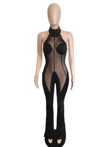 新しいデザイナーメッシュパッチワークジャンプスーツ女性春夏服のノースリーブベルベットロンペターボディーコンパンツカジュアルワンピース衣装アイテム9231