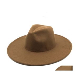 Szerokie brzeg kapelusze w stylu brytyjska wełna solidna klasyczna fedoras cap men kobiety Panama Jazz Hat 9.5cm Big White 201028 821 R2 Drop Deli Dhspg