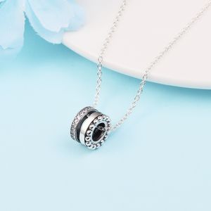 925 Sterling Silver Signature Logo Pave & Beads Pendant Necklace Fits European Pandora Style Jewelry Necklace
