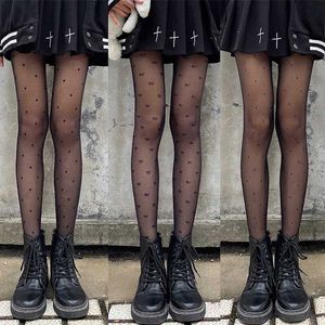 Socks Hosiery Black Sexy Women Pantyhose Tights Heart Bowknots Dots Printed Lace Mesh Fishnet Summer Nylon Tight Stocking Y2302