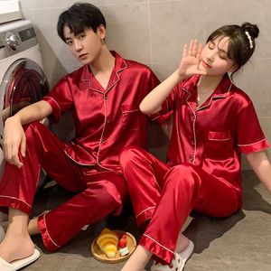 Men's Sleepwear Spring Silk Satin Pajamas Couple Set Summer Short Sleeve Button-Down Sleepwear Women Men Solid Color Loungewear Plus Size Pj Set 230207