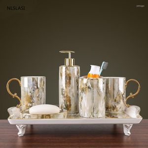 Bath Accessory Set High-grade Imitation Marble Bathroom Ceramic Five-piece Wash Tools Soap Dispenser Gargle Cup Toothbrush Holder