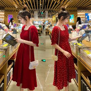 マタニティドレススクエアカラードット妊娠夏の韓国ファッションロングドレス妊婦のためのエレガントなスリムな魅力的な服