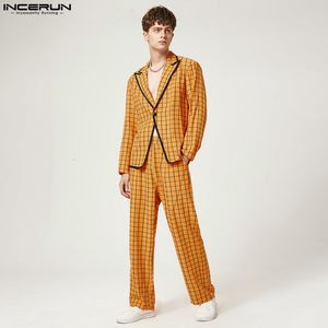 Men's Tracksuits Fashion Casual Style Sets INCERUN Men Retro Plaid Suits Coats High Waist Trousers Stylish All match Suit 2 Pieces S 5XL 230206