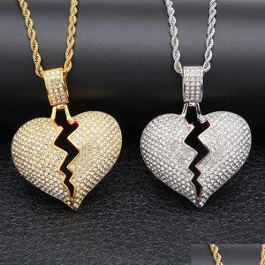 Pendant Necklaces Iced Out Broken Heart Designer Unisex Bling Crystal Rhinestone Charm Gold Sier Chain Hip Hop Necklace Drop Dhgarden Dhwjh