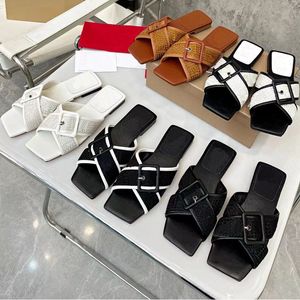 women flat Cross buckle slippers for summer casual wear Leather beach heel sandal plaid decor Black/white/reddish brown custom writting welcome large size 39/40/41/42