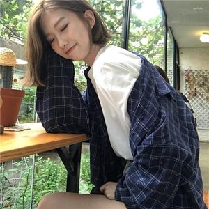 Damenblusen HOUZHOU Harajuku Plaid Shirts Frauen Übergroße Langarm Vintage Koreanische Mode Grundlegende Weibliche Bf Stil Jugend Student