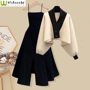 Zweiteiliges Kleid, großer Frühlings- und Herbstanzug, koreanischer modischer Strickpullover für Damen mit schmaler Taille und schwarzes Kleid, zweiteiliges Set 230206