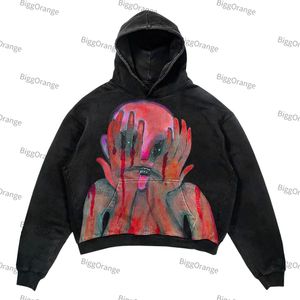 Erkek Hoodies Sweatshirts Sonbahar ve Kış Moda Retro Kapüşonlu Kazak Gevşek Baskılı Hiphop Erkek Kadın Gömlekler Demon 230206