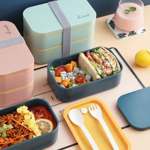 Servis uppsättningar 1pc lunchlåda för barnskola 1600 ml mikrovågsugn 2 lager sallad bärbar bento med sked gaffel förvaring containrar lunchlåda