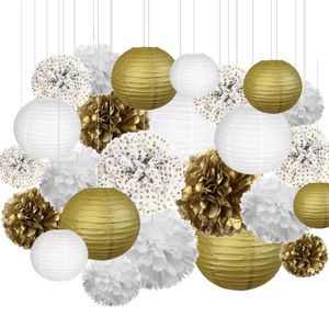 Other Event Party Supplies 25 pcs 6 14 White Gold polka dot Tissue Paper Pom Poms Lantern lampion for wedding Hanging decoration 230206