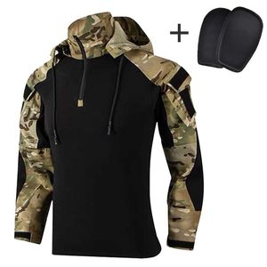 Męskie koszulki męskie wojskowe koszulę bojową taktyczna kaptura z kapturem strój mundur kamuflaż z długim rękawem Mężczyźni odzież armia multikamowe ubrania robocze 230207