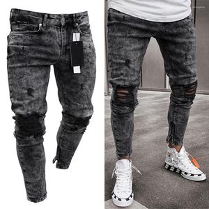 Men's Jeans Slim Fit Stretch Denim Pants Black Ripped Foot Mouths Zipper Streetwear Men Trousers 2023 Autumn Winter Clothing