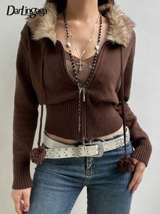 Malhas femininas Tees Darlingaga y2k estético fofo colar de peles gola feminina suéteres jaqueta peluda 90s com zíper vintage tricô de tricô knitwear 230206