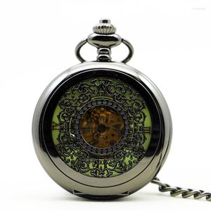 Карманные часы ретро черные римские числа Механические часы для мужчин с скелетом с плестиком
