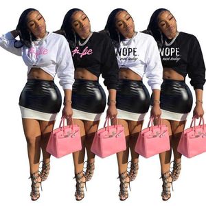 Designer Women Spring Autumn Long Sleeved T-shirt Short Skirt Suit Two-piece Leather Skirt Letters Printed 4 Colours