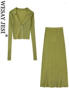 Work Dresses Women Knit Cardigan Avocado Green Coat Suit Notch Collar Slim Top High Waist Solid Sexy All-match Senior Skirt