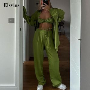 Women's Two Piece Pants Spring Fashion Solid Suit Summer Casual Holiday Boho Beach Women 3 Pieces Set Satin Loose Shirt Bra Bandage Outfits 230105