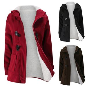 Jackets femininas Fashion Horn Horn Button Fleece Casal com capô de inverno Jaqueta quente feminina vintage com capuz acolchoado