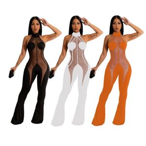 Ny designer mesh lapptäcke jumpsuits kvinnor sommar ärmlös sammet rompers sexiga bodycon flare byxor casual one bit overall bulk grossistkläder 9231