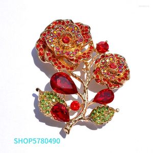 Brooches Big For Women Elegant Rose Pins Red Color Rhinestone Brooch Girls Garments Coat Decoration Lady Gifts Fashion Jewelry